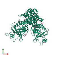 Homo dimeric assembly 1 of PDB entry 4adn coloured by chemically distinct molecules, front view.