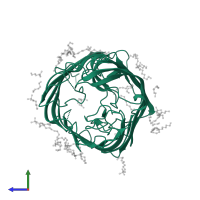 Alginate production protein AlgE in PDB entry 4afk, assembly 1, side view.