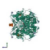 Homo dimeric assembly 1 of PDB entry 4b0p coloured by chemically distinct molecules, side view.