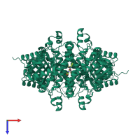 Homo tetrameric assembly 1 of PDB entry 4bo2 coloured by chemically distinct molecules, top view.