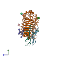 PDB entry 4bv4 coloured by chain, side view.