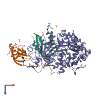 PDB entry 4cex coloured by chain, top view.