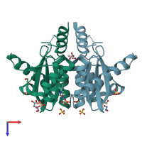 PDB entry 4cho coloured by chain, top view.