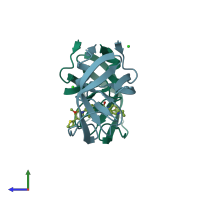 PDB entry 4cpx coloured by chain, side view.