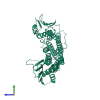 Homo dimeric assembly 2 of PDB entry 4cti coloured by chemically distinct molecules, side view.