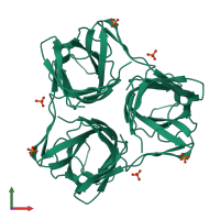 Homo trimeric assembly 1 of PDB entry 4cw8 coloured by chemically distinct molecules, front view.