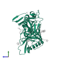 Human immunodeficiency virus 1 envelope glycoprotein Gp120 domain-containing protein in PDB entry 4dku, assembly 2, side view.