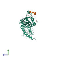 PDB entry 4dw0 coloured by chain, side view.