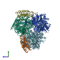 PDB entry 4dx6 coloured by chain, side view.