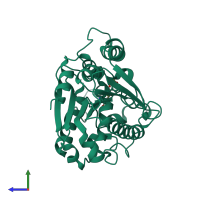 Monomeric assembly 2 of PDB entry 4e15 coloured by chemically distinct molecules, side view.