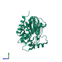 Monomeric assembly 2 of PDB entry 4e26 coloured by chemically distinct molecules, side view.