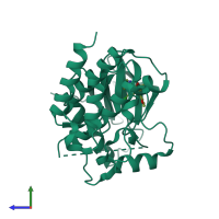 Monomeric assembly 3 of PDB entry 4e26 coloured by chemically distinct molecules, side view.