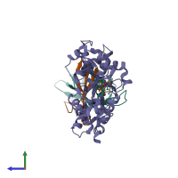 PDB entry 4eal coloured by chain, side view.