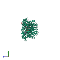 Homo dimeric assembly 1 of PDB entry 4ehu coloured by chemically distinct molecules, side view.