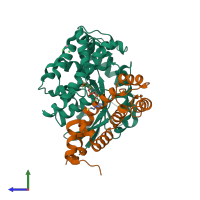 PDB entry 4ekd coloured by chain, side view.