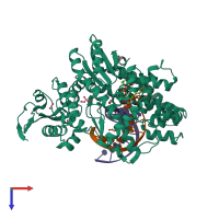 Hetero trimeric assembly 1 of PDB entry 4elv coloured by chemically distinct molecules, top view.