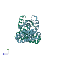 PDB entry 4emu coloured by chain, side view.