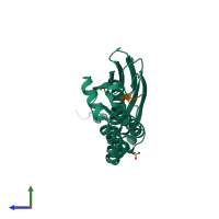 Hetero dimeric assembly 5 of PDB entry 4ezs coloured by chemically distinct molecules, side view.