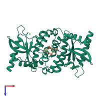 Homo dimeric assembly 1 of PDB entry 4f5y coloured by chemically distinct molecules, top view.