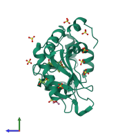 Monomeric assembly 1 of PDB entry 4f9t coloured by chemically distinct molecules, side view.