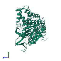 Monomeric assembly 2 of PDB entry 4h6y coloured by chemically distinct molecules, side view.