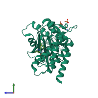 Monomeric assembly 2 of PDB entry 4hge coloured by chemically distinct molecules, side view.