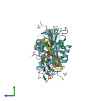 PDB entry 4hlh coloured by chain, side view.