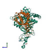 PDB entry 4hm3 coloured by chain, side view.