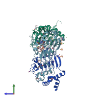 PDB entry 4hus coloured by chain, side view.