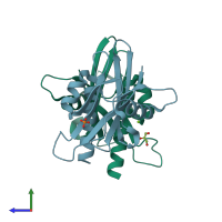PDB entry 4ick coloured by chain, side view.