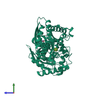 Monomeric assembly 1 of PDB entry 4iwv coloured by chemically distinct molecules, side view.