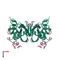 Homo dimeric assembly 1 of PDB entry 4j69 coloured by chemically distinct molecules, top view.