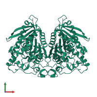 Homo dimeric assembly 1 of PDB entry 4j7a coloured by chemically distinct molecules, front view.