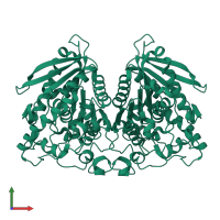 Homo dimeric assembly 2 of PDB entry 4j7a coloured by chemically distinct molecules, front view.