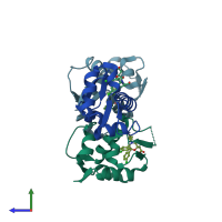 PDB entry 4jwr coloured by chain, side view.