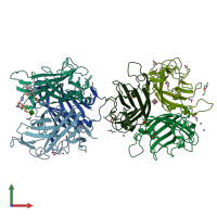 PDB entry 4k6t coloured by chain, front view.