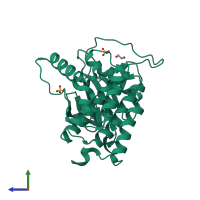 Monomeric assembly 1 of PDB entry 4kbc coloured by chemically distinct molecules, side view.