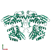 Homo dimeric assembly 1 of PDB entry 4kbj coloured by chemically distinct molecules, front view.