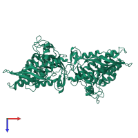 Homo dimeric assembly 1 of PDB entry 4kbj coloured by chemically distinct molecules, top view.