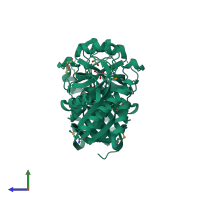 Homo dimeric assembly 1 of PDB entry 4kn5 coloured by chemically distinct molecules, side view.
