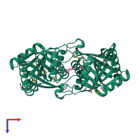 Homo dimeric assembly 1 of PDB entry 4kn5 coloured by chemically distinct molecules, top view.
