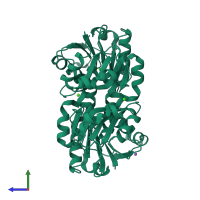 Homo dimeric assembly 2 of PDB entry 4l76 coloured by chemically distinct molecules, side view.