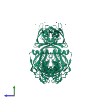 Homo dimeric assembly 1 of PDB entry 4ldv coloured by chemically distinct molecules, side view.