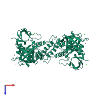 Homo dimeric assembly 1 of PDB entry 4ldv coloured by chemically distinct molecules, top view.