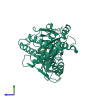 Monomeric assembly 1 of PDB entry 4lew coloured by chemically distinct molecules, side view.