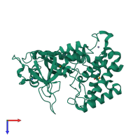 Monomeric assembly 1 of PDB entry 4lew coloured by chemically distinct molecules, top view.