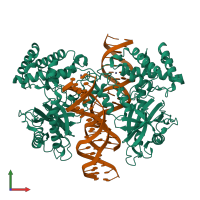 Hetero hexameric assembly 1 of PDB entry 4ley coloured by chemically distinct molecules, front view.