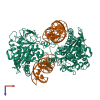 Hetero hexameric assembly 1 of PDB entry 4ley coloured by chemically distinct molecules, top view.