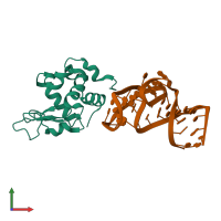 Hetero dimeric assembly 3 of PDB entry 4m6d coloured by chemically distinct molecules, front view.