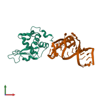 Hetero dimeric assembly 5 of PDB entry 4m6d coloured by chemically distinct molecules, front view.